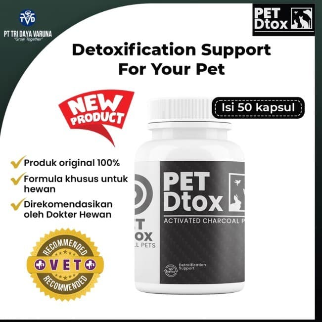 Pet Dtox isi 50 Capsul - Obat Atasi Keracunan, diare mencret dan kembung pada hewan peliharaan kucing anjing kelinci / muntah / Sembuh dari racun - gambar 1