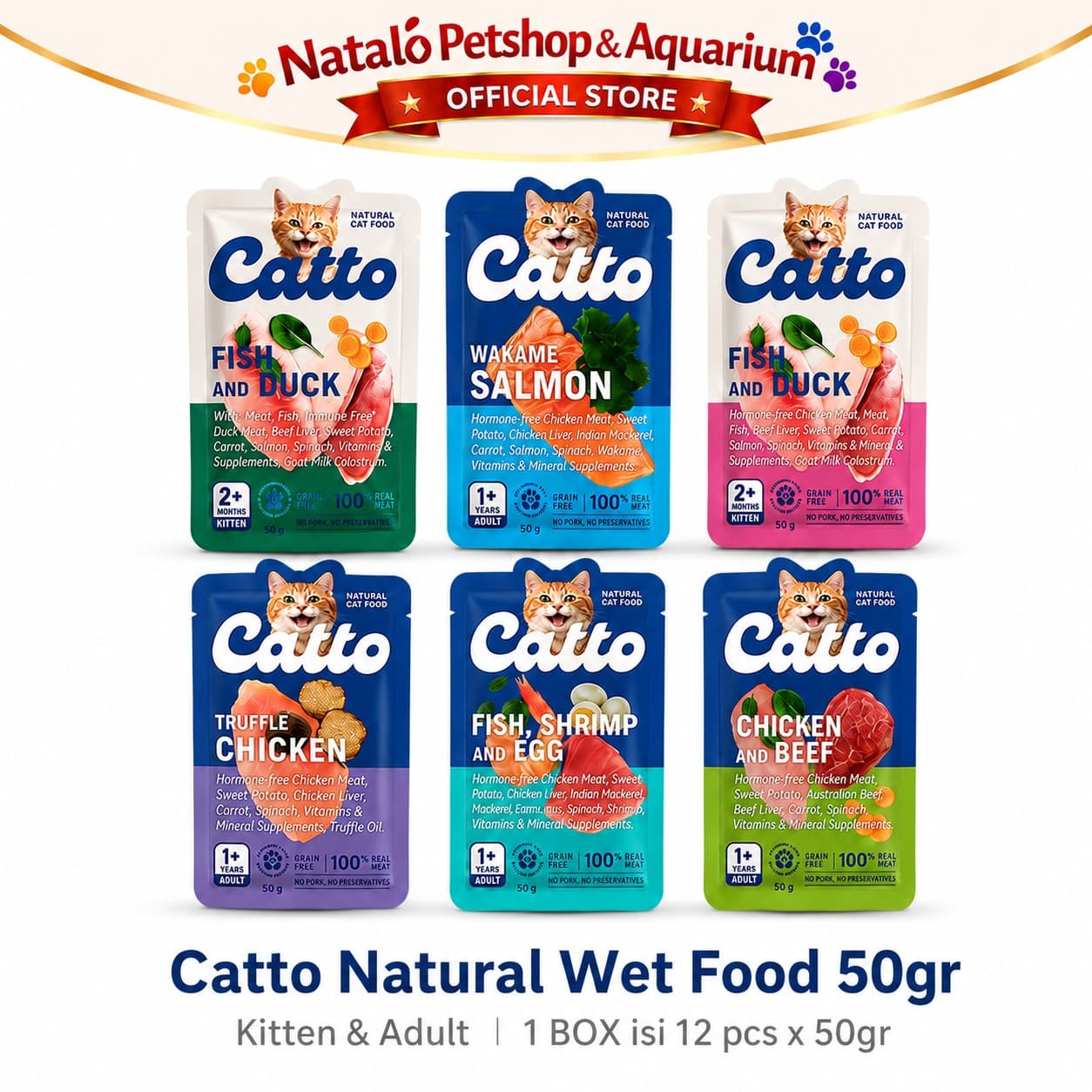 Catto Natural Wet Kitten and Adult Pouch Wet Cat Food 1 BOX isi (12pcs x 50gr)  - Makanan Basah Saset Anak dan Kucing Dewasa 50 GR - gambar 6