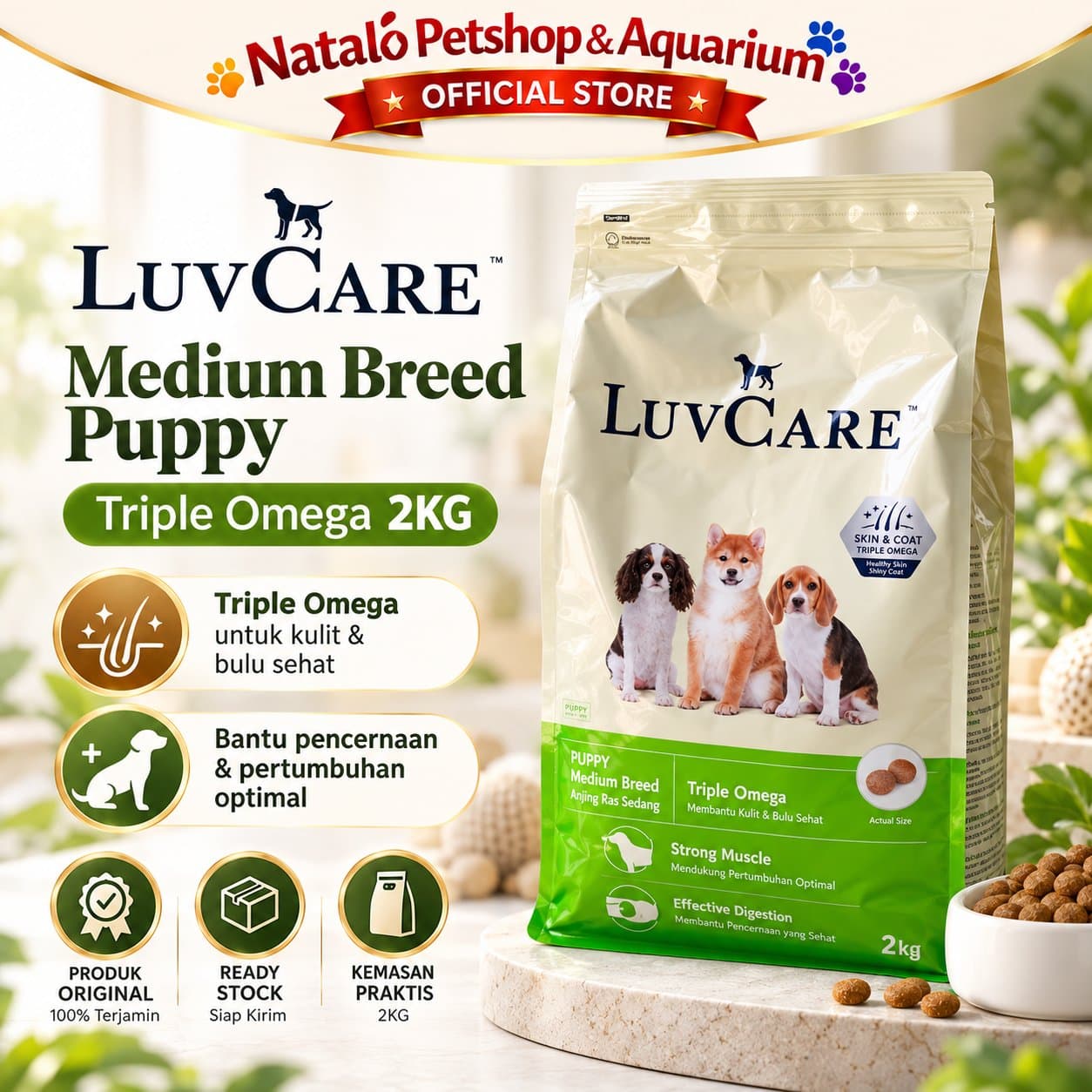Luv Care Puppy Medium Breed Triple Omega 2KG Makanan Anjing Puppy Dry Food Kulit Bulu Pencernaan