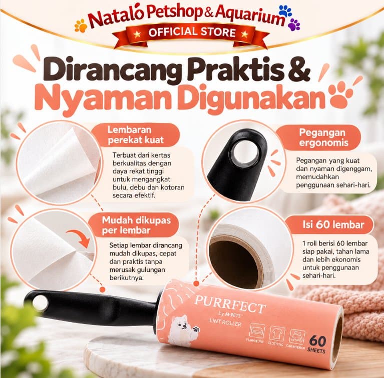 Lint Roller Stick Purrfect 60PLY Penghilang Bulu Kucing Anjing Pembersih Bulu Hewan Sofa Baju Kasur Furniture - gambar 4