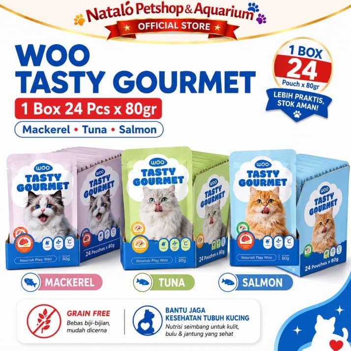 Woo Tasty Gourmet Cat Pouch per BOX isi 24 pcs x 80GR  Makanan Basah Kucing Rasa Salmon / Tuna / Mackerel 80 GR Wet Food Saset Sachet Daging Majes - gambar 1