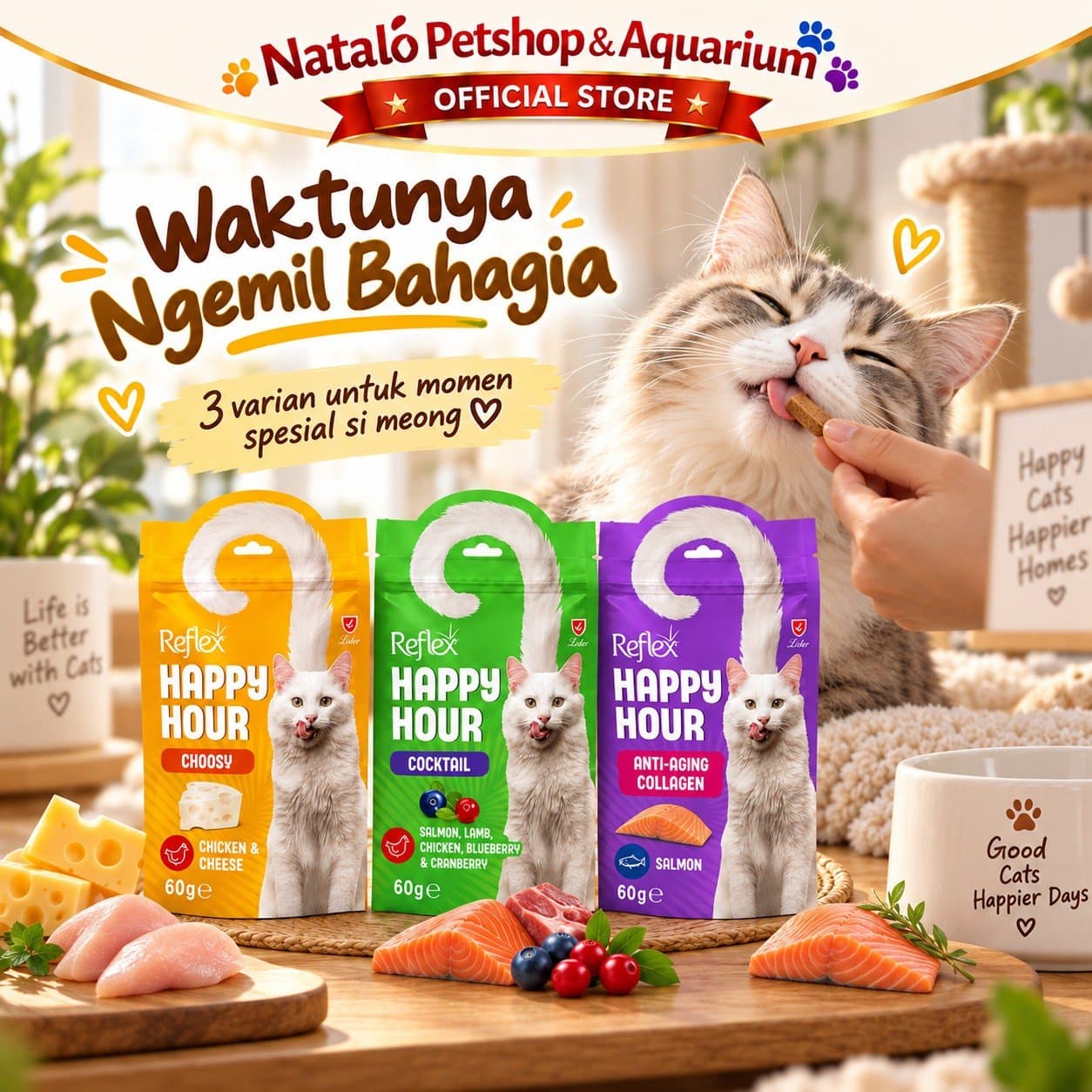 Reflex Happy Hour Cat Treat 60G 3 Varian - Snack Kucing Dewasa Choosy Chicken Cheese Cocktail Anti Aging Collagen Salmon - gambar 5