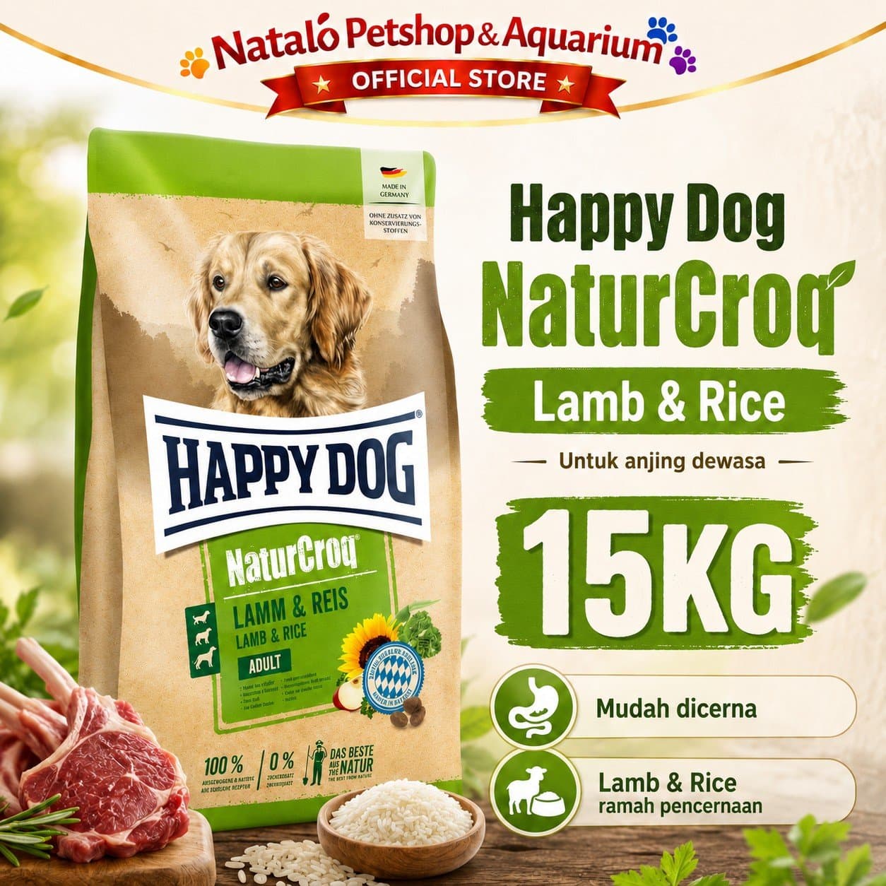 Happy Dog NaturCroq Lamb & Rice 15KG Adult Dog Food - Makanan Anjing Dewasa Ras Besar Rasa Domba Premium 15 KG