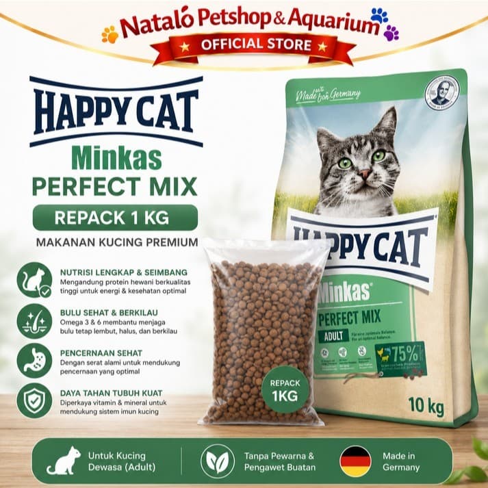 Happy Cat Minkas Perfect Mix Cat Food 1KG Repack - Makanan Kucing Dewasa 1 KG Premium - gambar 1