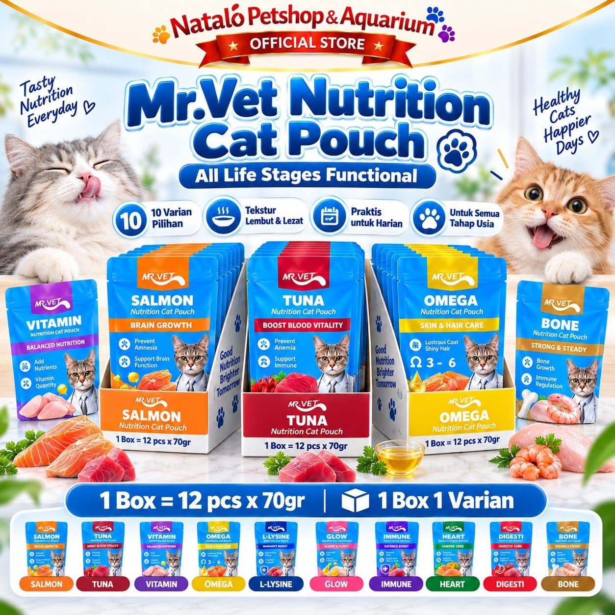 Mr. Vet Nutrition Cat Pouch All Life Stages Functional 1box (12pcs x 70gr) - Makanan Basah Saset Kucing Mr.Vet Semua Tahap Usia Fungsional Kesehatan - gambar 1