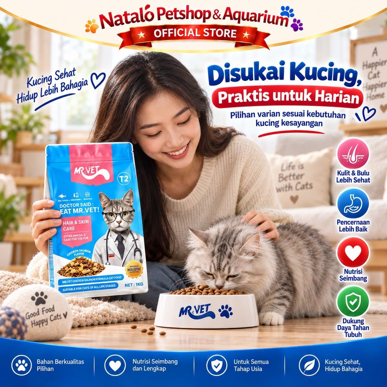 Mr. Vet T1 Digestion / T2 Hair & Skin / T3 Urinary / T4 Cat Indoor Care 1KG Functional All Life Stages Dry Cat Food - Makanan Kucing Mr.Vet Semua Tahap Usia Fungsional 1 KG - gambar 5