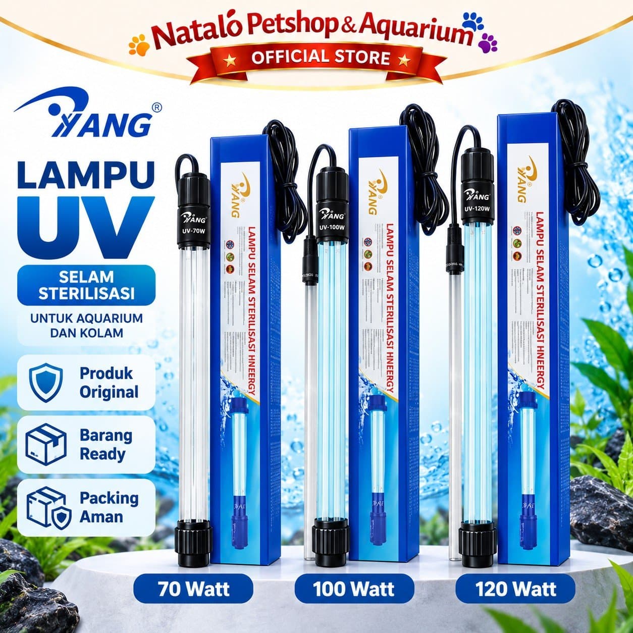 YANG Lampu UV Sterilizer Celup Kolam Koi Aquarium 70 Watt 100 Watt 120 Watt UV Light Ultraviolet Sterilisasi Air Anti Alga Air Hijau Untuk Filter Kolam Ikan