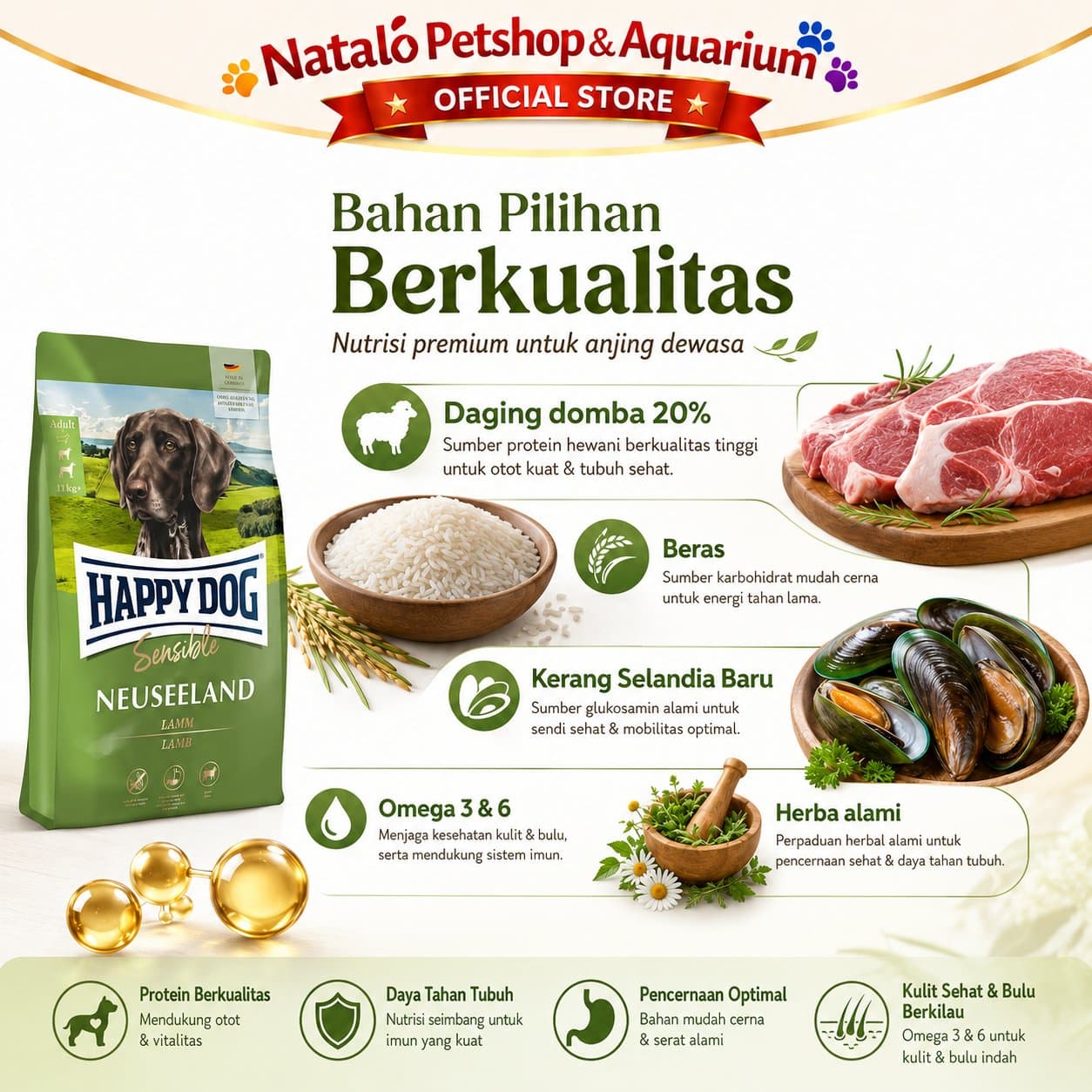 Happy Dog Sensible Neuseeland Lamb 4 KG Adult Dog Food - Makanan Anjing Dewasa Ras Besar Rasa Domba 4KG Super Premium - gambar 4