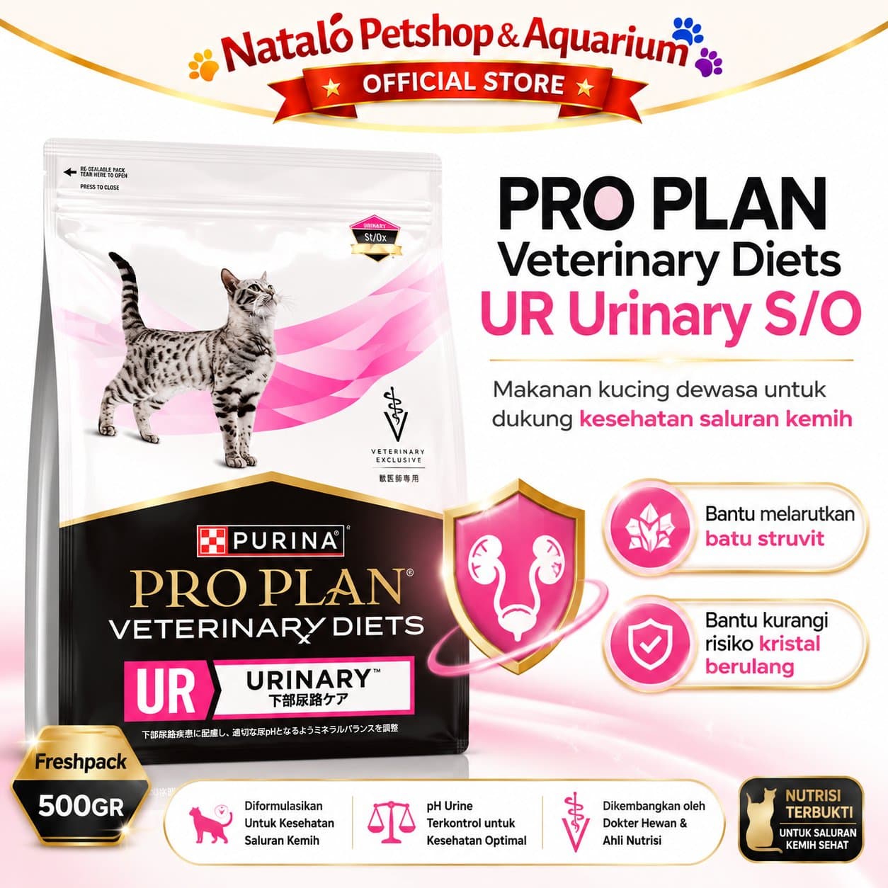 Pro Plan Veterinary Diets Urinary S/O UR 500 GR Adult Cat Food - Makanan Kucing Dewasa PROPLAN untuk Pengobatan Saluran Kencing Kemih FLUTD Freshpack 500GR - gambar 1