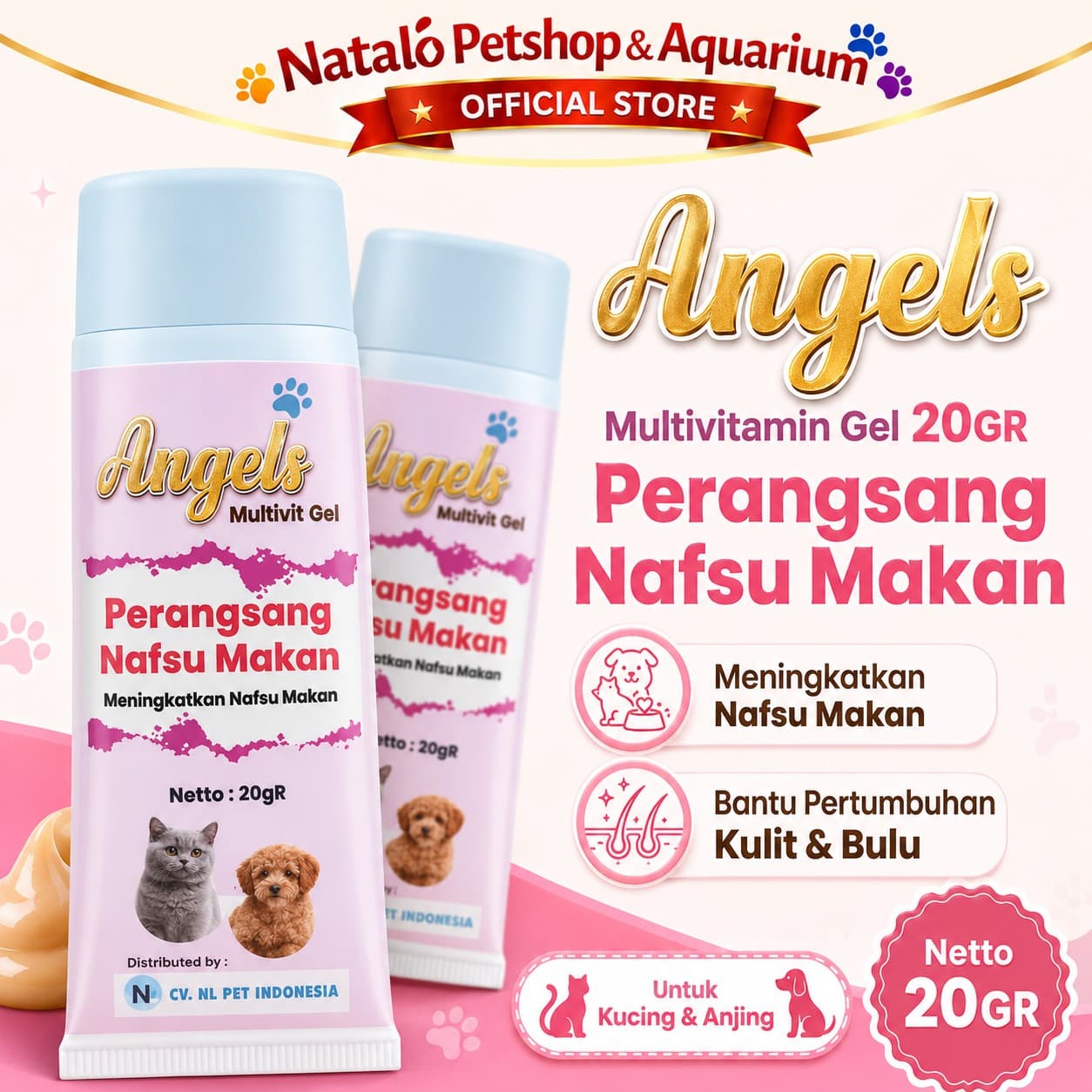 Angels Mulitivitamin Gel 20GR - Penambah Nafsu Makan - Penggemuk Badan / Perangsang Nafsu Makan Hewan Kucing Anjing Kelinci / Vitamin Odol Nutri Gel / Plus Vita / Baik untuk Kulit dan Bulu - gambar 1