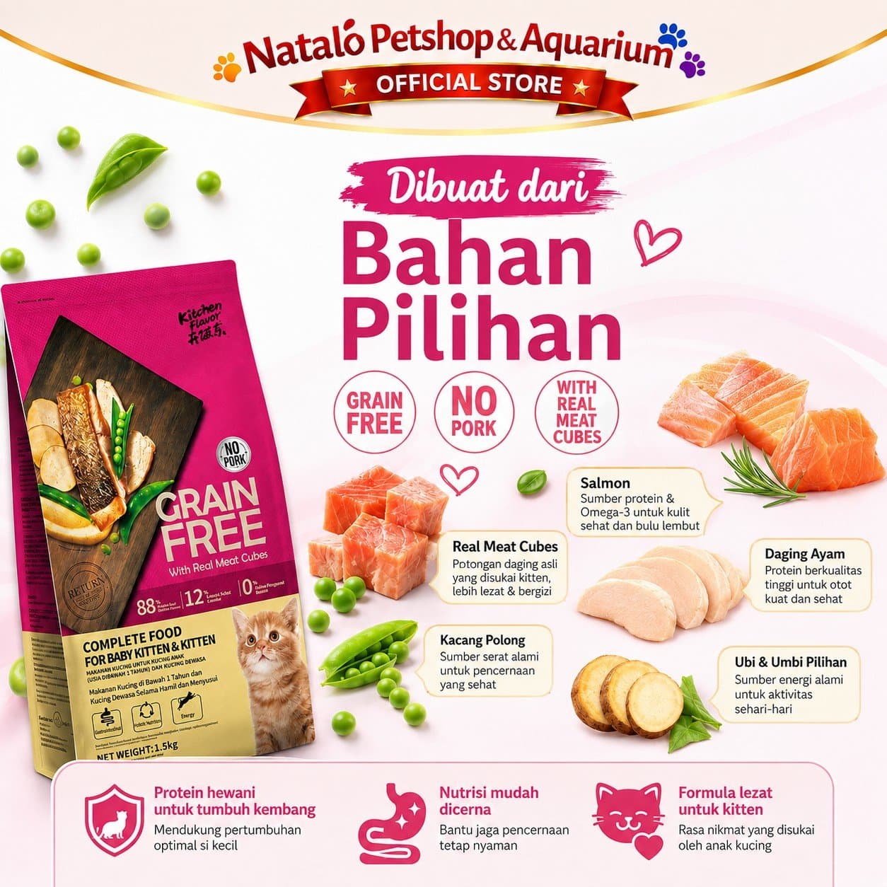 Kitchen Flavor Grain Free Complete Food for Baby Cat & Kitten Cat Food 1.5KG No Pork - Makanan Bayi dan Anak Kucing 1.5 KG Bebas Babi - gambar 4