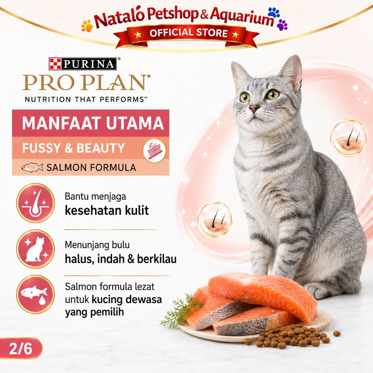 PRO PLAN Fussy & Beauty Salmon Formula Adult Cat Food 1.5 KG - Makanan Kucing Dewasa PROPLAN untuk Perawatan Kecantikan Bulu 1.5KG - gambar 2