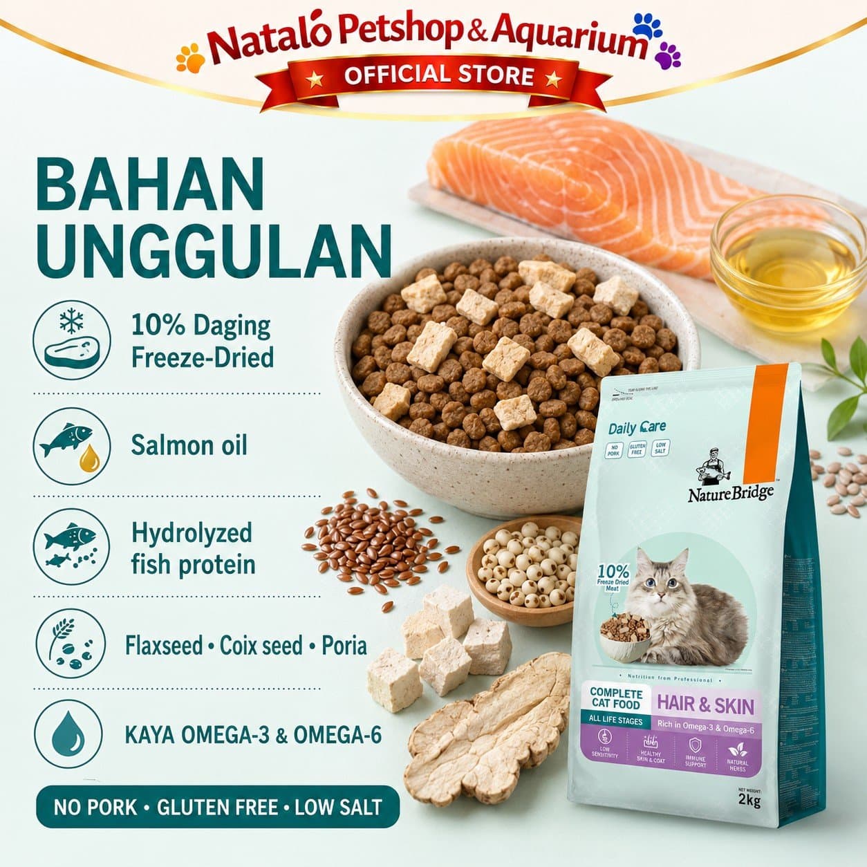 Nature Bridge Hair & Skin 2KG Daily Care - Makanan Kering Kucing Dry Cat Food Super Premium Fresh Pack 2 KG NB - gambar 4