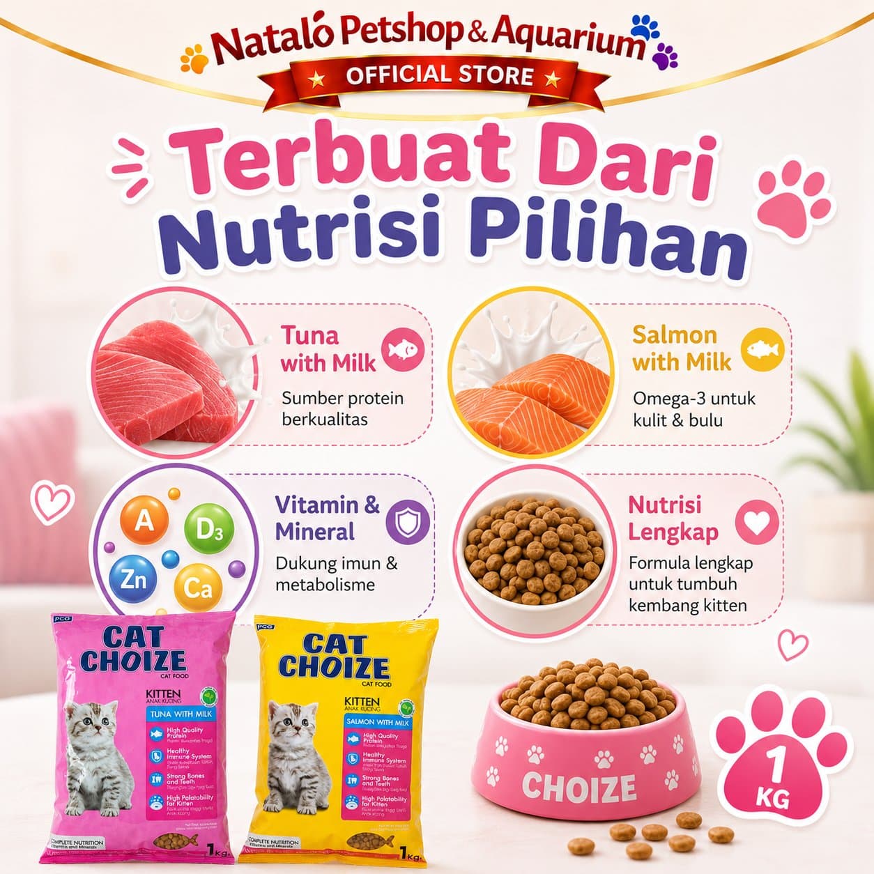 Cat Choize Kitten Tuna / Salmon with Milk 1KG Dry Cat Food - Makanan Kering Anak Kucing 1 KG - gambar 4
