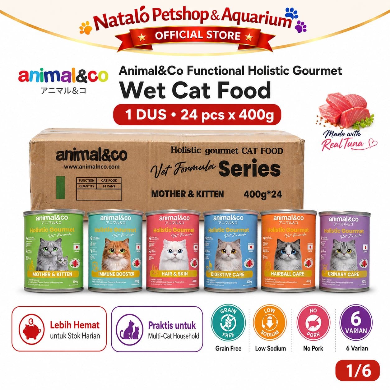 Animal&Co Functional Holistic Gourmet Vet Formula Grain Free 1 DUS (24pcs x 400gr) All Life Stages - Makanan Kaleng Kucing Semua Umur - gambar 1