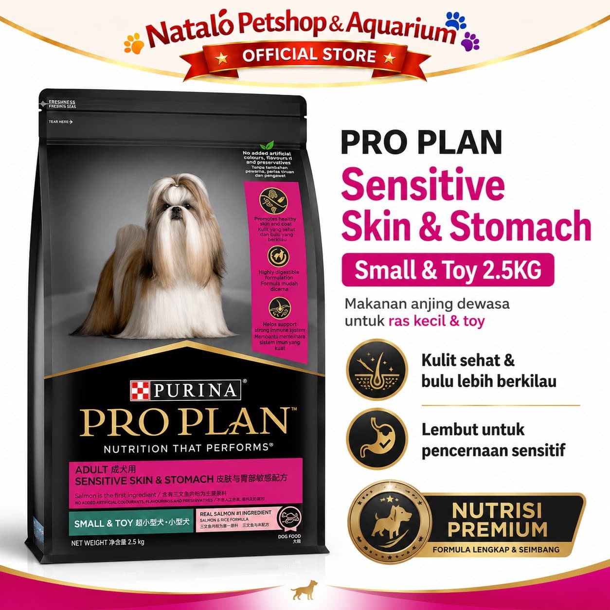 PRO PLAN Sensitive Skin & Stomach Small & Toy / Mini Breed Adult Dog Food 2.5KG - Makanan Anjing Dewasa PROPLAN Ras Kecil Rasa Salmon & Mackerel 2.5 KG - gambar 1