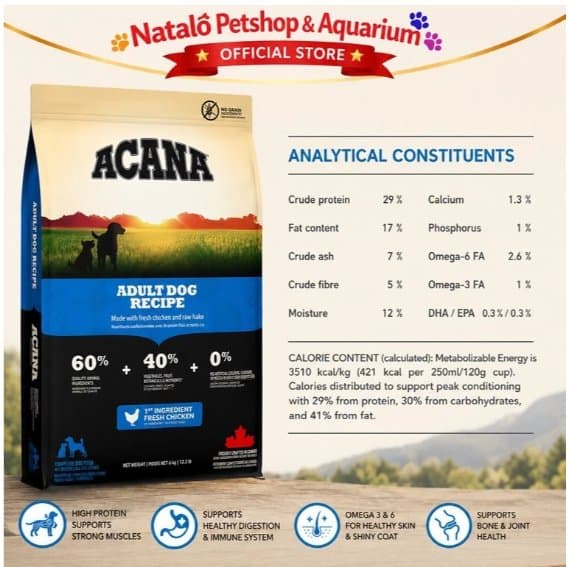 Acana Adult Dog Recipe 2KG Grain Free Super Premium Dry Dog Food - Medium Large Breed Makanan Kering Anjing Dewasa Ras Sedang Besar Tinggi Protein - High Protein 2 KG - gambar 5