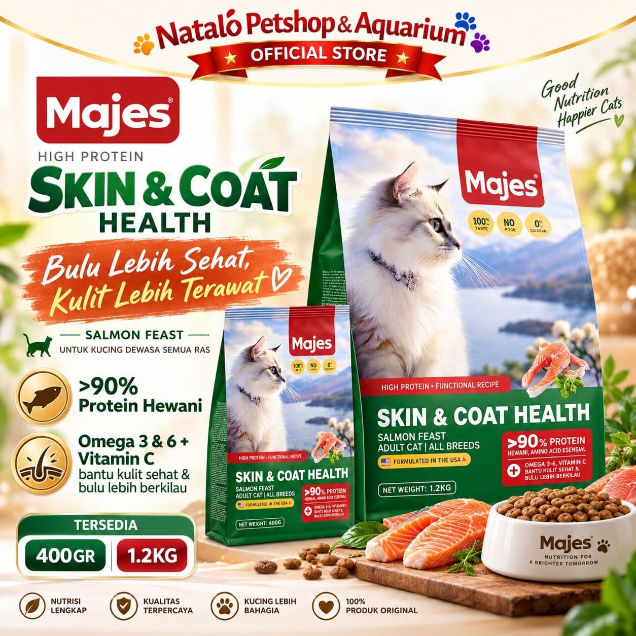 MAJES High Protein Skin & Coat Health Salmon Feast Adult Dry Cat Food 400GR / 1.2KG - Hair Skin Care - Makanan Kucing Dewasa untuk Kesehatan Bulu dan Kulit 400 GR / 1.2 KG - gambar 1