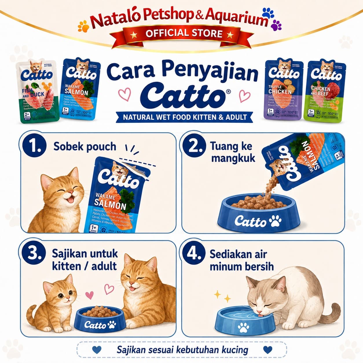 Catto Natural Wet Kitten and Adult Pouch Wet Cat Food 1 BOX isi (12pcs x 50gr)  - Makanan Basah Saset Anak dan Kucing Dewasa 50 GR - gambar 3