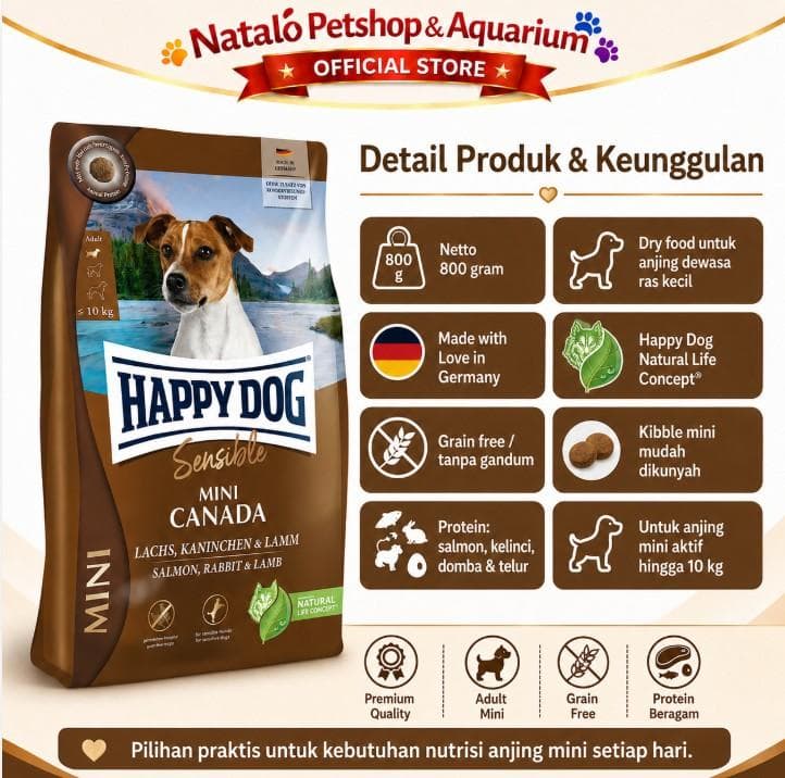Happy Dog Sensible Mini Canada 800GR Salmon Rabbit Lamb / Grain Free - Makanan Anjing Dewasa Ras Kecil Super Premium 800 GR - gambar 5