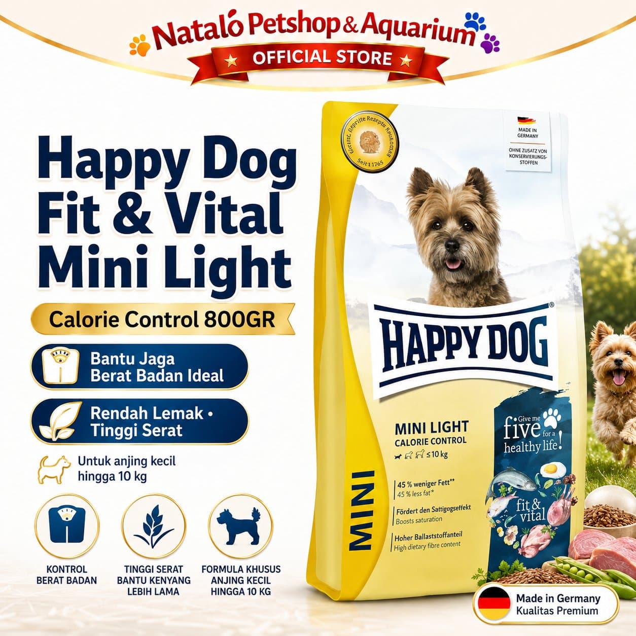 Happy Dog Fit & Vital Mini Light Calorie Control / Low Fat / Weight 800GR Small Breed Adult Dog Food - Makanan Anjing Dewasa Ras Kecil untuk Menjaga Berat Badan 800 GR - gambar 1
