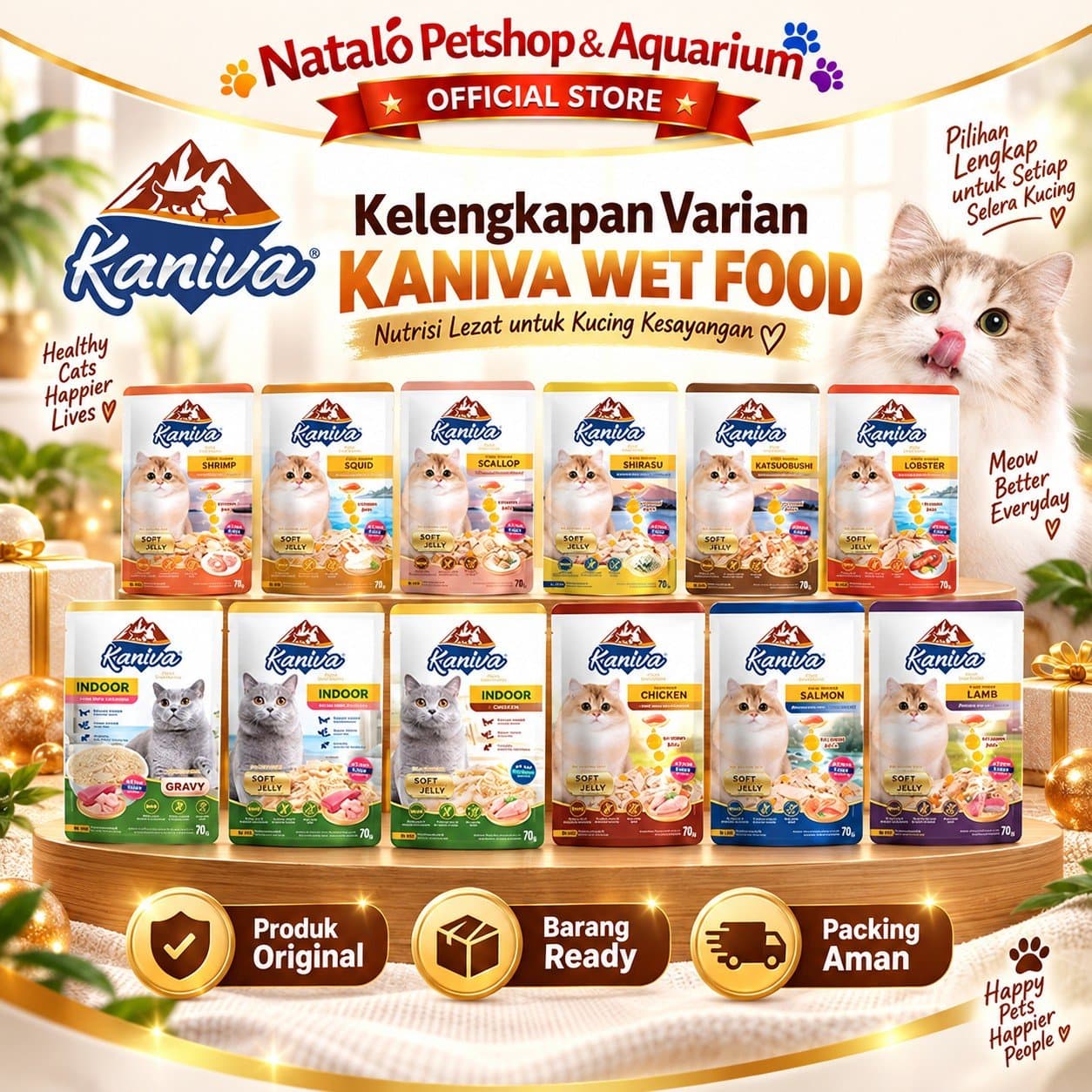 Kaniva Pouch 70GR Premium Wet Cat Food - Daging Makanan Basah Kucing Saset Sachet 70 GR Tuna Chicken Indoor Lobster Gravy Jelly Shrimp Shirasu Scallop Katsuobushi - gambar 1