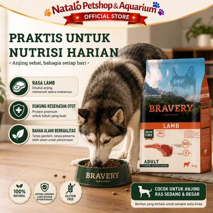 Bravery Medium / Large Adult Dog LAMB 4KG Makanan Anjing Super Premium Pelet Food 4 kg - gambar 5