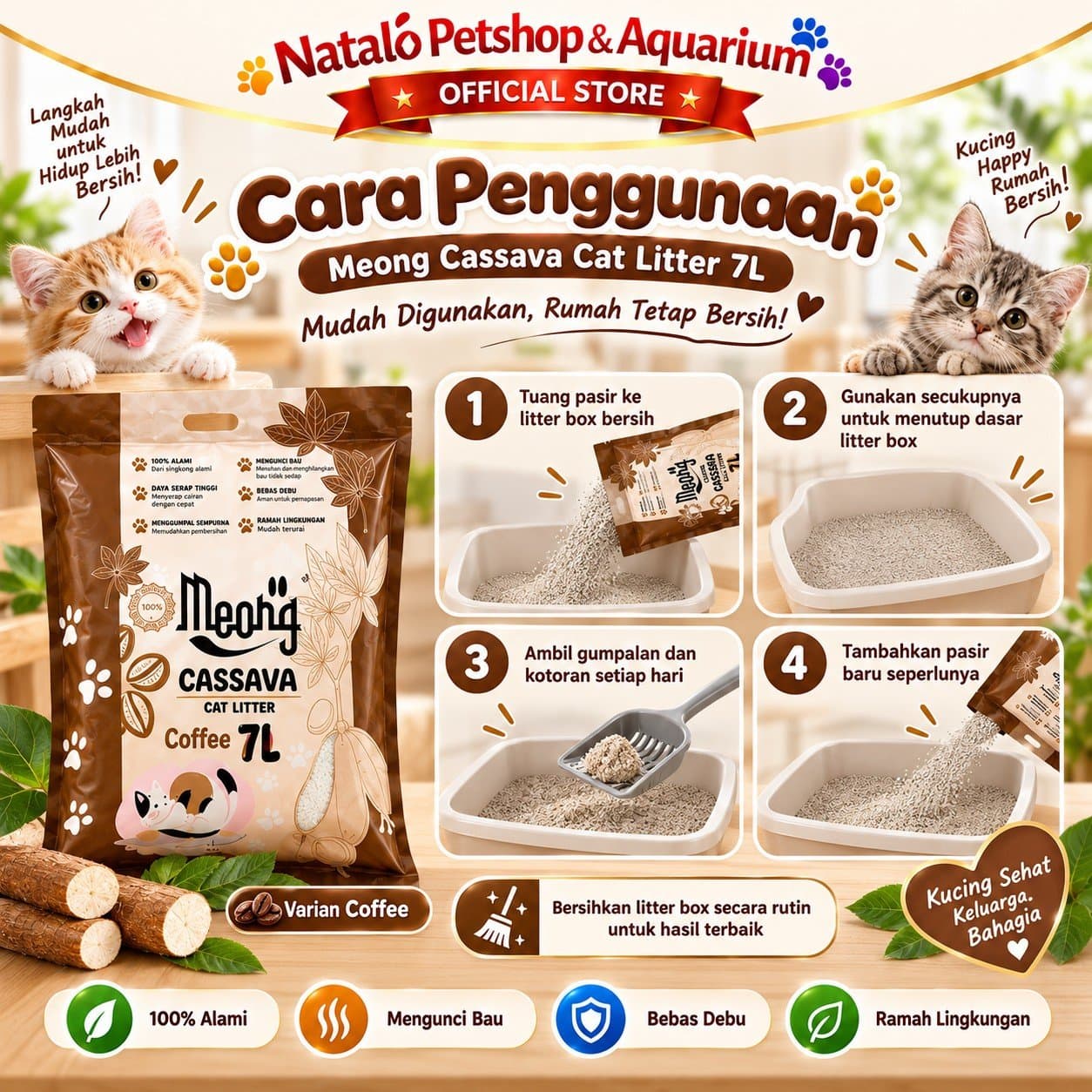 Meong Cassava Cat Litter 7L Pasir Kucing Singkong Organik Cepat Gumpal Low Dust Kontrol Bau Wangi Original Coffee Mango Candy - gambar 3