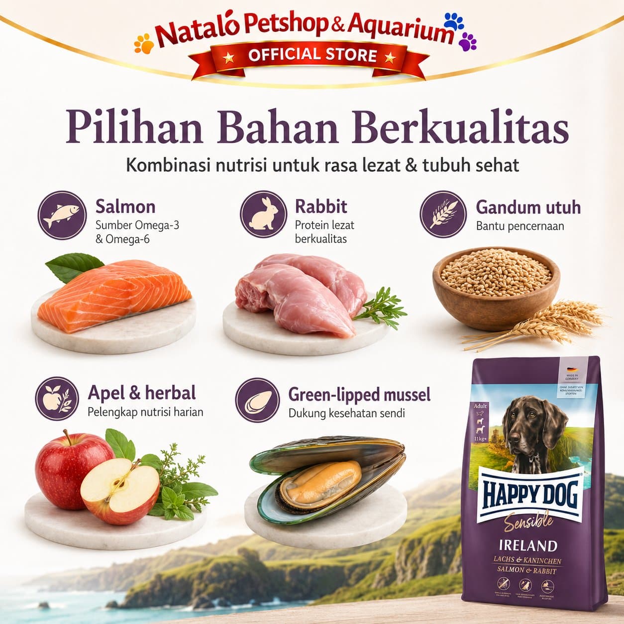 Happy Dog Sensible Ireland 11KG Medium Large Breed Adult Dog Food Salmon & Rabbit - Makanan Anjing Dewasa Irland Ras Besar Super Premium 11 KG - gambar 4