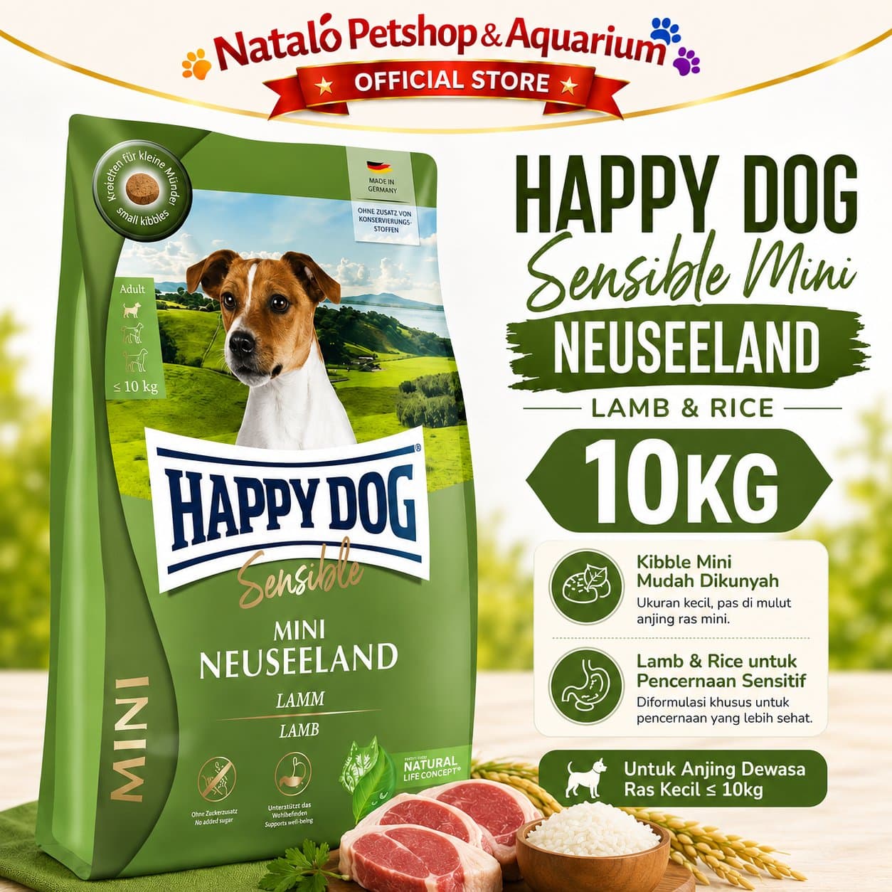 Happy Dog Sensible Mini Neuseeland Lamb 10KG Small Breed Adult Dog Food - Makanan Anjing Dewasa Rasa Domba Ras Mini Irland Super Premium 10 KG - gambar 1