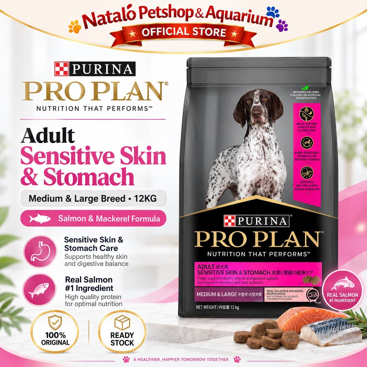 PRO PLAN Sensitive Skin Stomach 12KG Medium & Large Breed Adult Dog Food / Salmon & Mackerel Formula - Makanan Anjing Dewasa PROPLAN Ras Sedang Besar untuk Kulit dan Pencernaan 12 KG - gambar 1