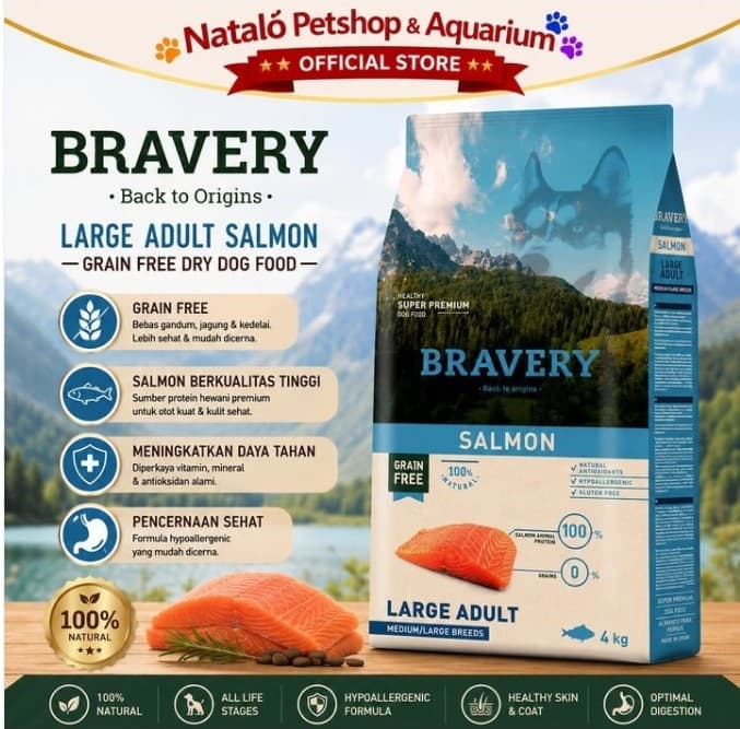 Bravery Medium/Large Adult Dog SALMON 4KG Makanan Anjing Super Premium Pelet Food - gambar 1