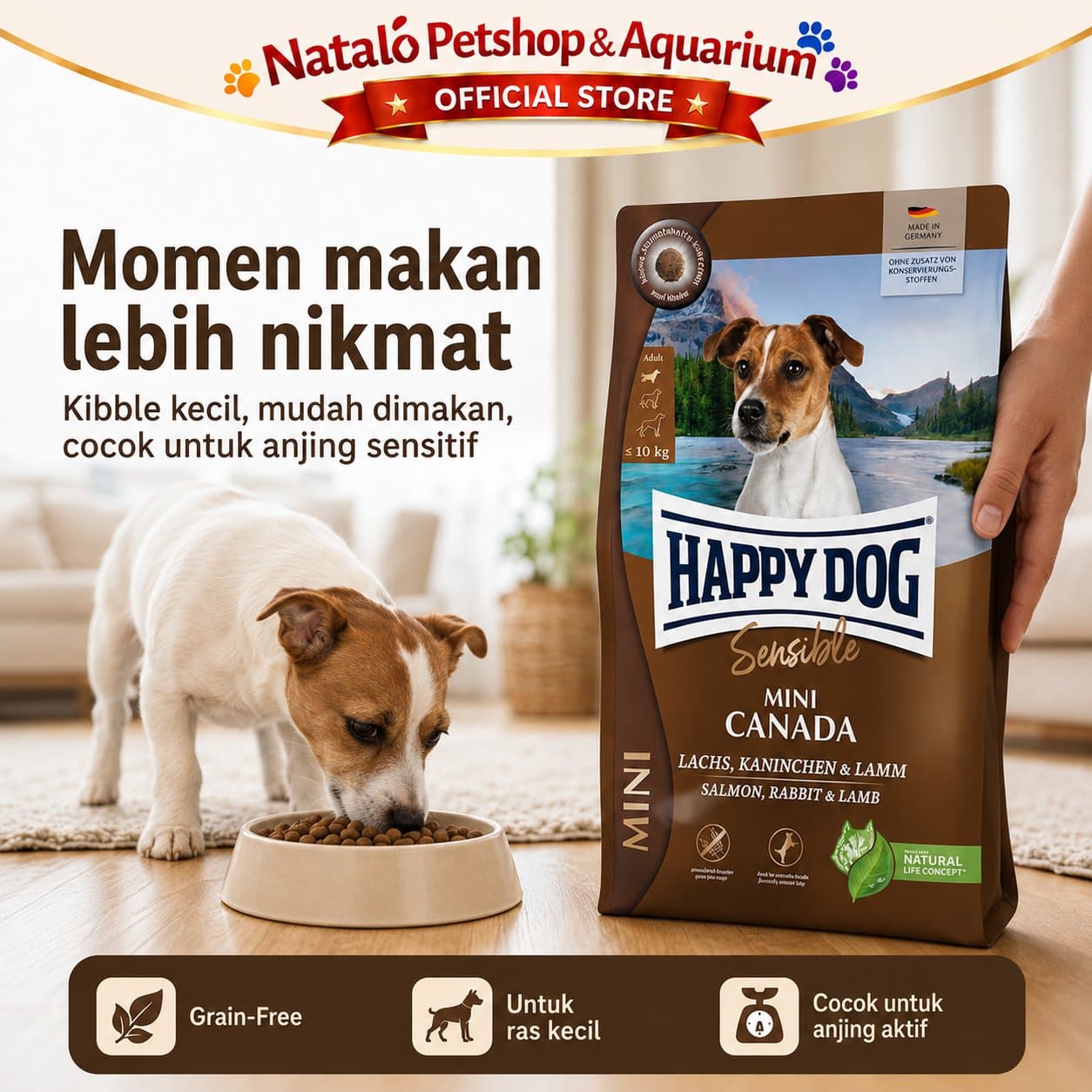 Happy Dog Sensible Mini Canada 4KG Salmon Rabbit Lamb / Grain Free - Makanan Anjing Dewasa Ras Kecil Super Premium 4 KG - gambar 5