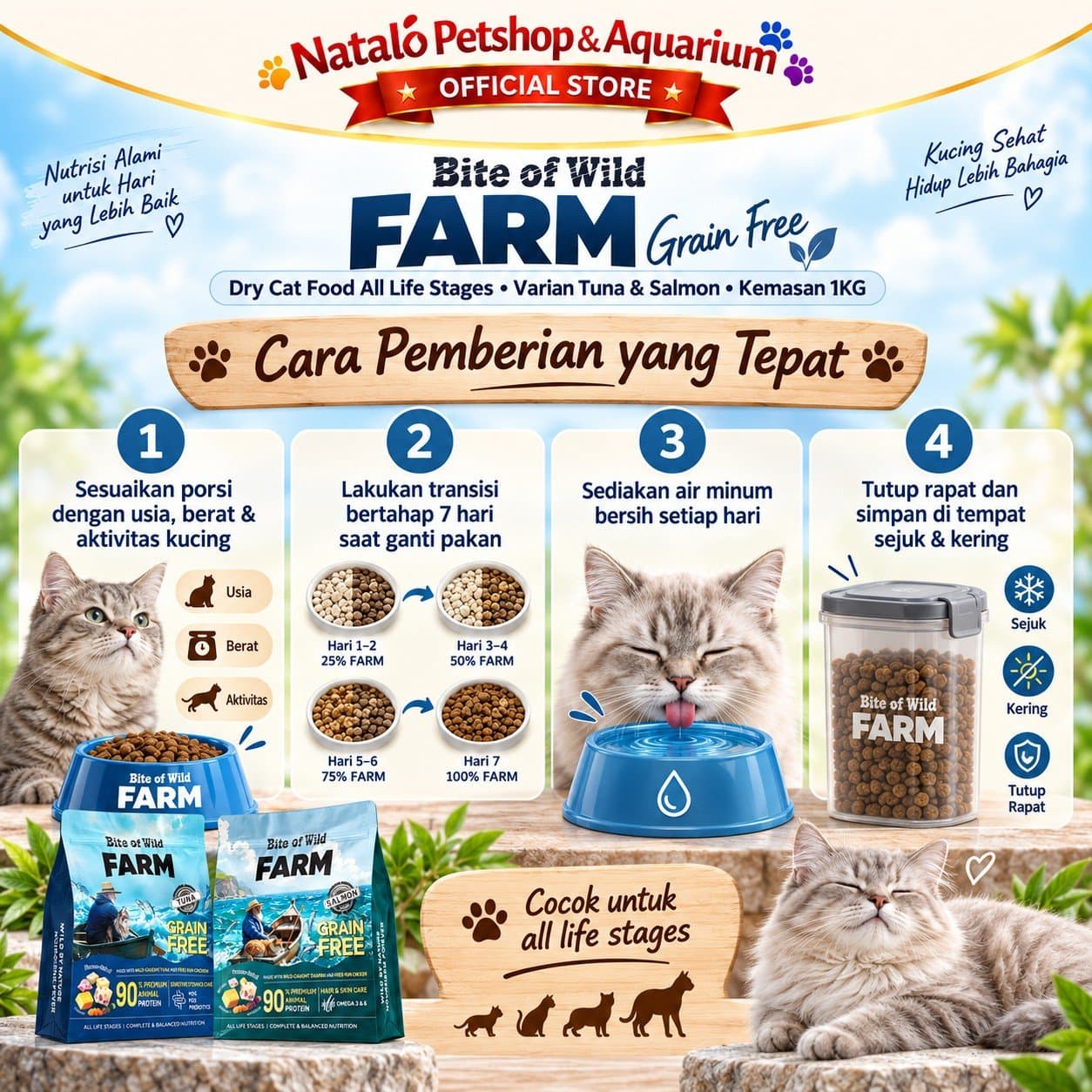 Bite of Wild Farm Tuna / Salmon Grain Free 90% Animal Protein 1KG All Life Stages Dry Cat Food - Makanan Kucing Semua Tahap Umur / Usia Tinggi Protein 1 KG - gambar 3