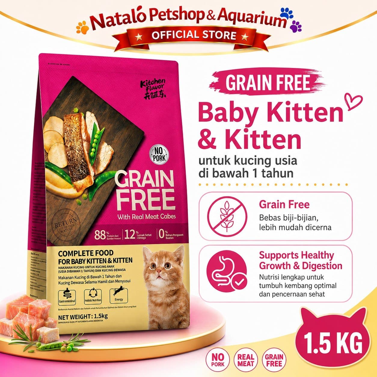 Kitchen Flavor Grain Free Complete Food for Baby Cat & Kitten Cat Food 1.5KG No Pork - Makanan Bayi dan Anak Kucing 1.5 KG Bebas Babi - gambar 1