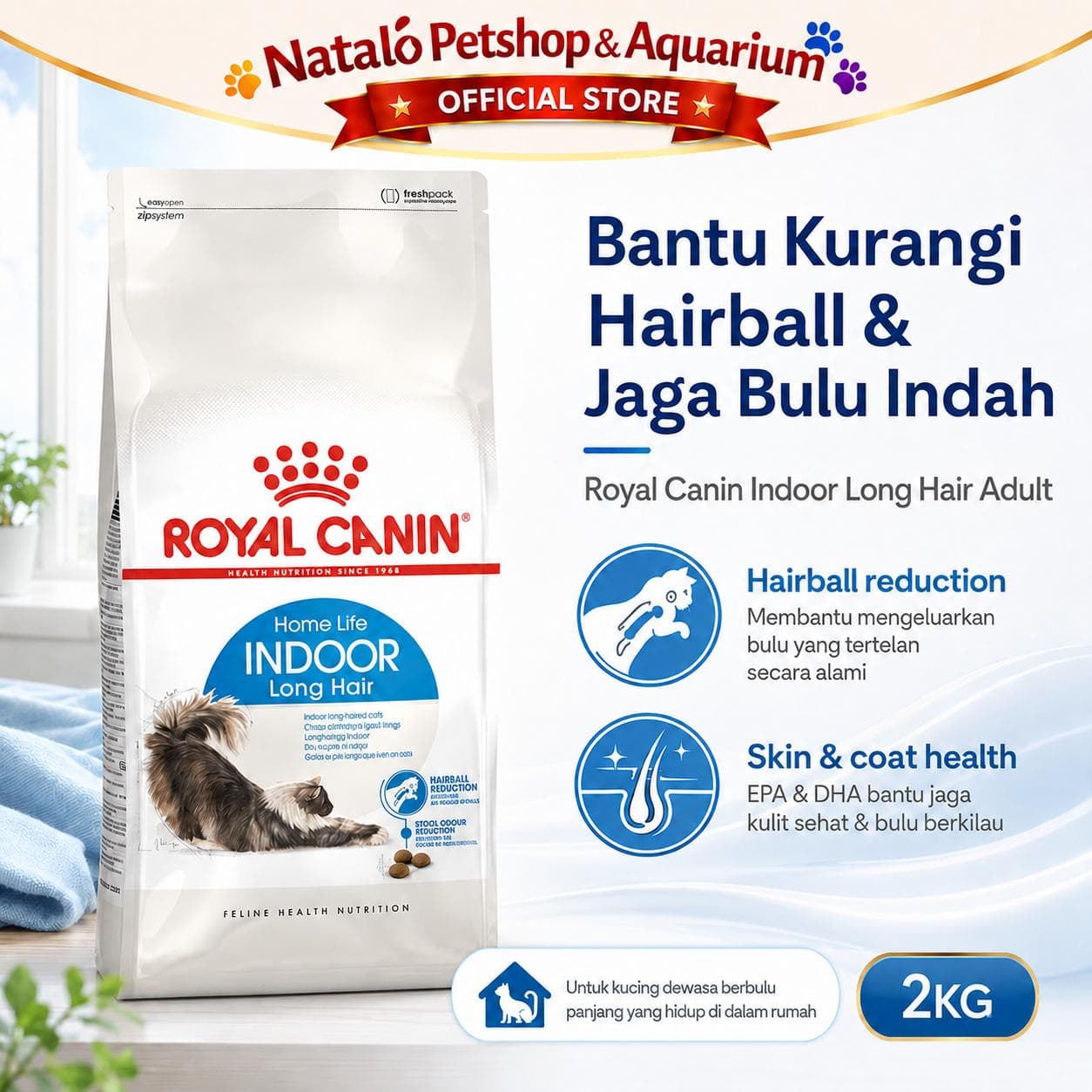 Royal Canin Home Life Indoor Long Hair 2KG Adult Cat Food Longhair - Makanan Kucing Dewasa Bulu Panjang dalam Rumah 2 KG - gambar 1