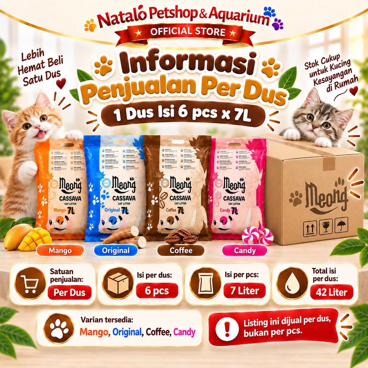 Meong Cassava Cat Litter 1 DUS (6pcs x 7LT) Pasir Kucing 7 L Singkong Organik Cepat Gumpal Low Dust Kontrol Bau Wangi Original Coffee Mango Candy - gambar 3