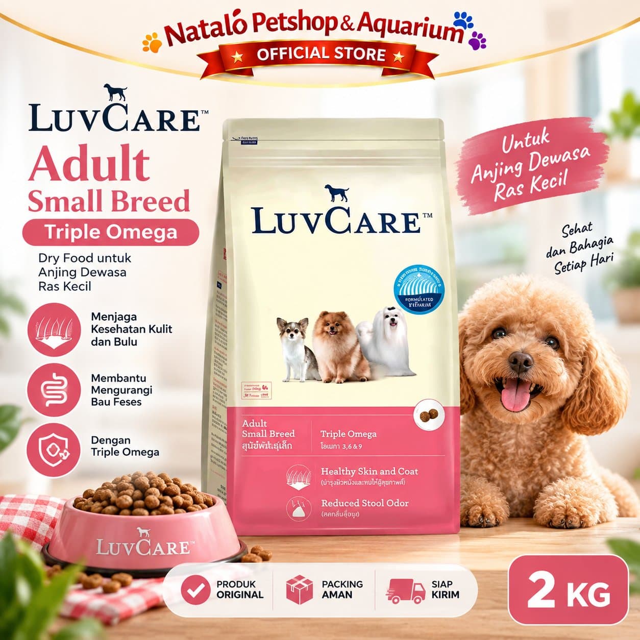 Luv Care Adult Small Breed Triple Omega 2KG Dry Dog Food - Makanan Anjing Dewasa 2 KG
