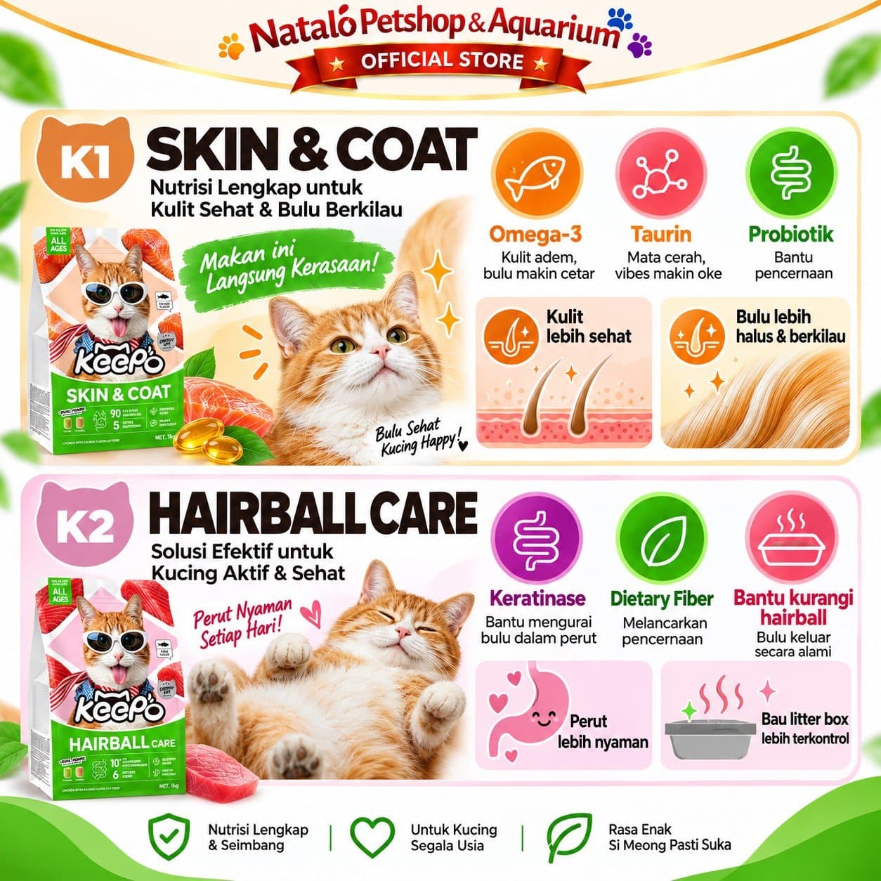 Keepo K1 Skin & Coat / K2 Hairball Care 1KG All Life Stages Dry Cat Food - Makanan Kucing Semua Tahap Usia / Umur untuk Kesehatan Bulu dan Kulit / Pencernaan 1 KG - gambar 2