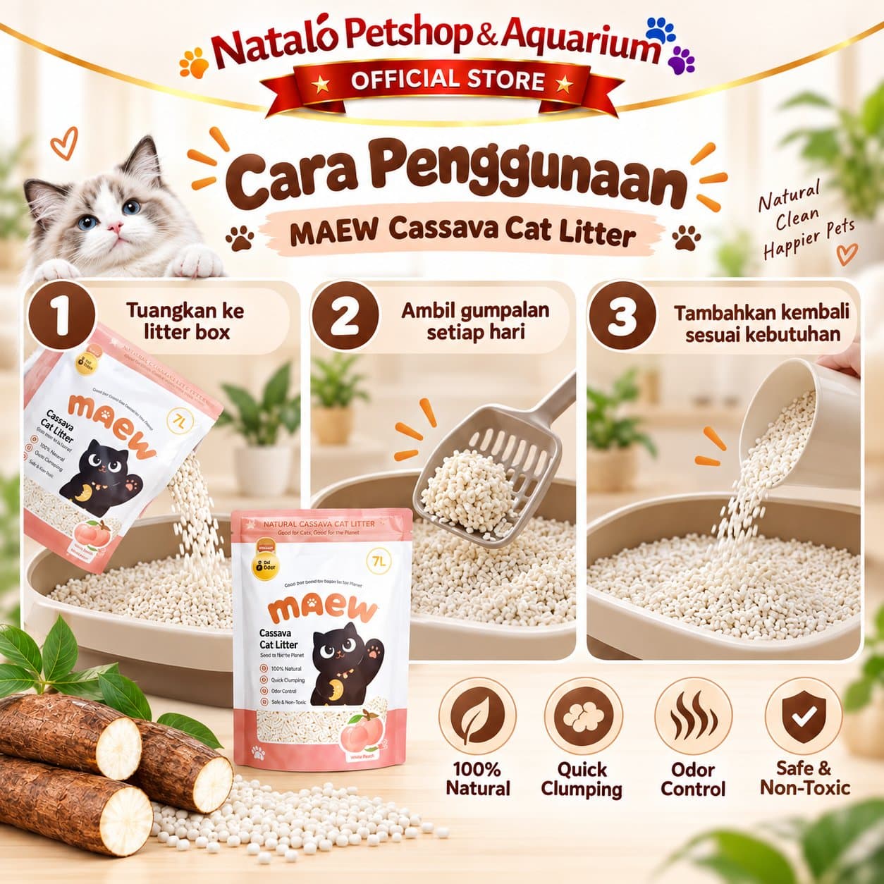 MAEW Cassava Clump Cat Litter 7LT - Pasir Kucing dari Singkong Murni Daya Serap Air Kuat - Bebas Debu 7 LT Casava Kasava Ubi Gumpal Serap Tinggi - gambar 3