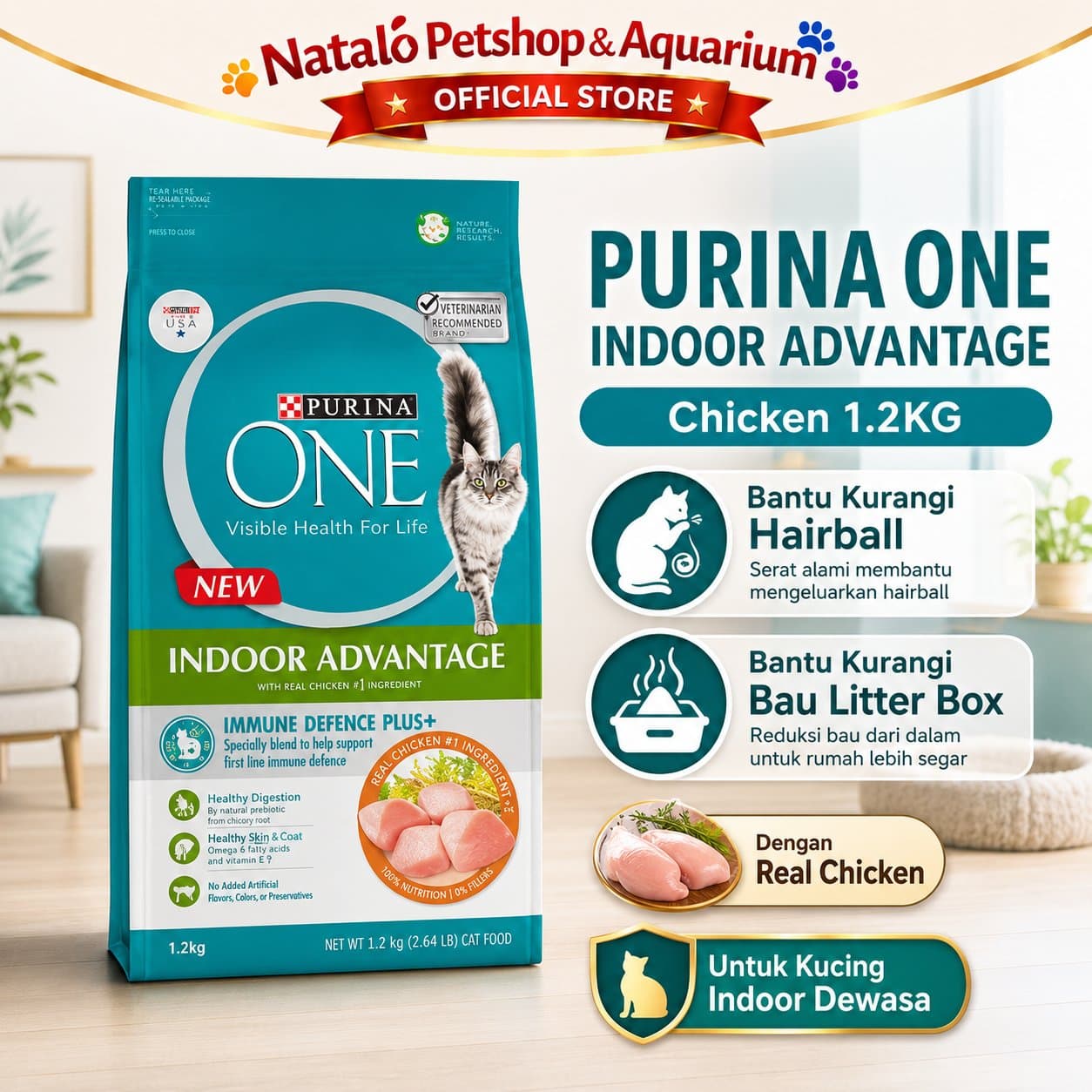 PURINA ONE Indoor Advantage with Chicken 1.2KG Adult Dry Cat Food - Makanan Kering Kucing Dewasa Dalam Rumah / Membantu Mengurangi Bau Feses 1.2 KG - gambar 1