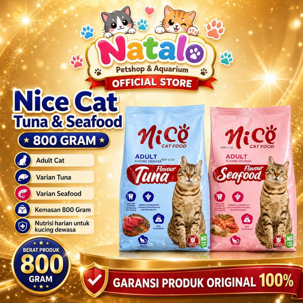 Nice Cat Dry Cat Food Tuna or Seafood - Makanan Kering Kucing Dewasa Ekonomis Murah 800Gr - gambar 1