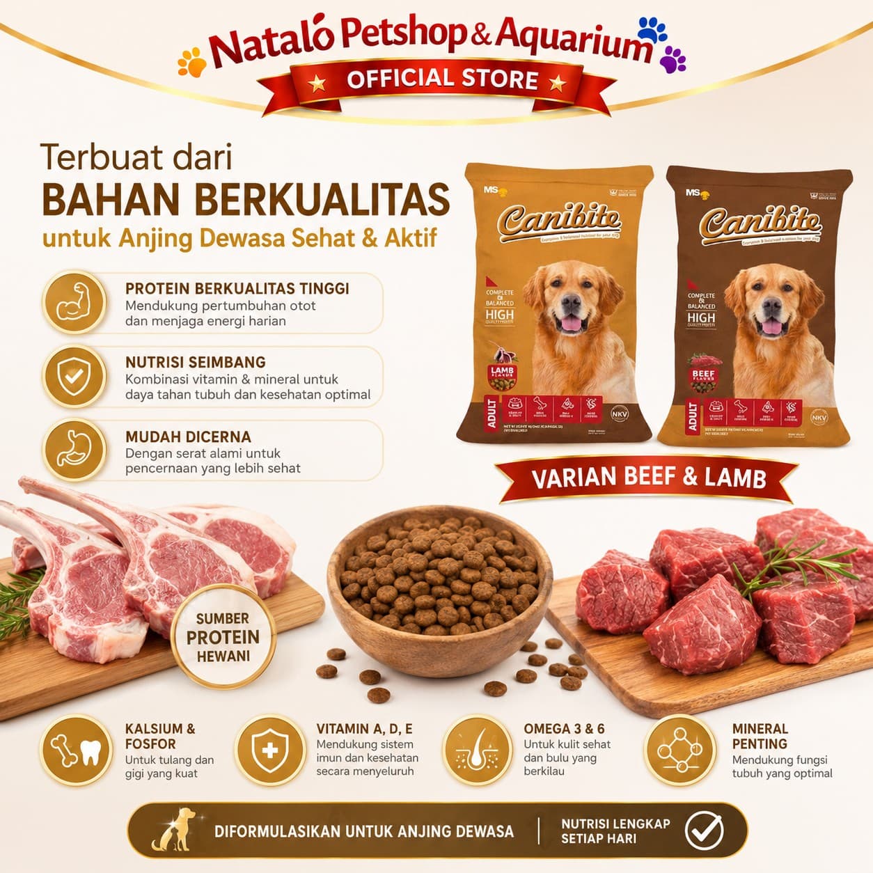 Canibite Adult Dry Dog Food Beef / Lamb 1KG - Makanan Kering Anjing Dewasa 1 KG - gambar 4