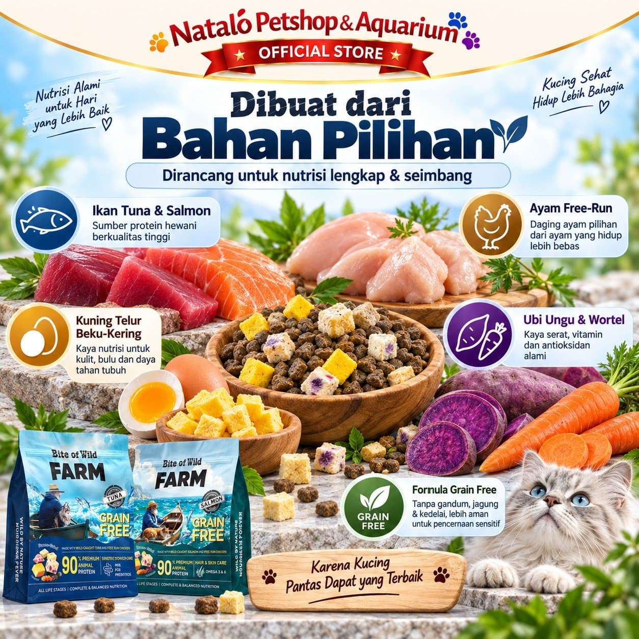Bite of Wild Farm Tuna / Salmon Grain Free 90% Animal Protein 1KG All Life Stages Dry Cat Food - Makanan Kucing Semua Tahap Umur / Usia Tinggi Protein 1 KG - gambar 4