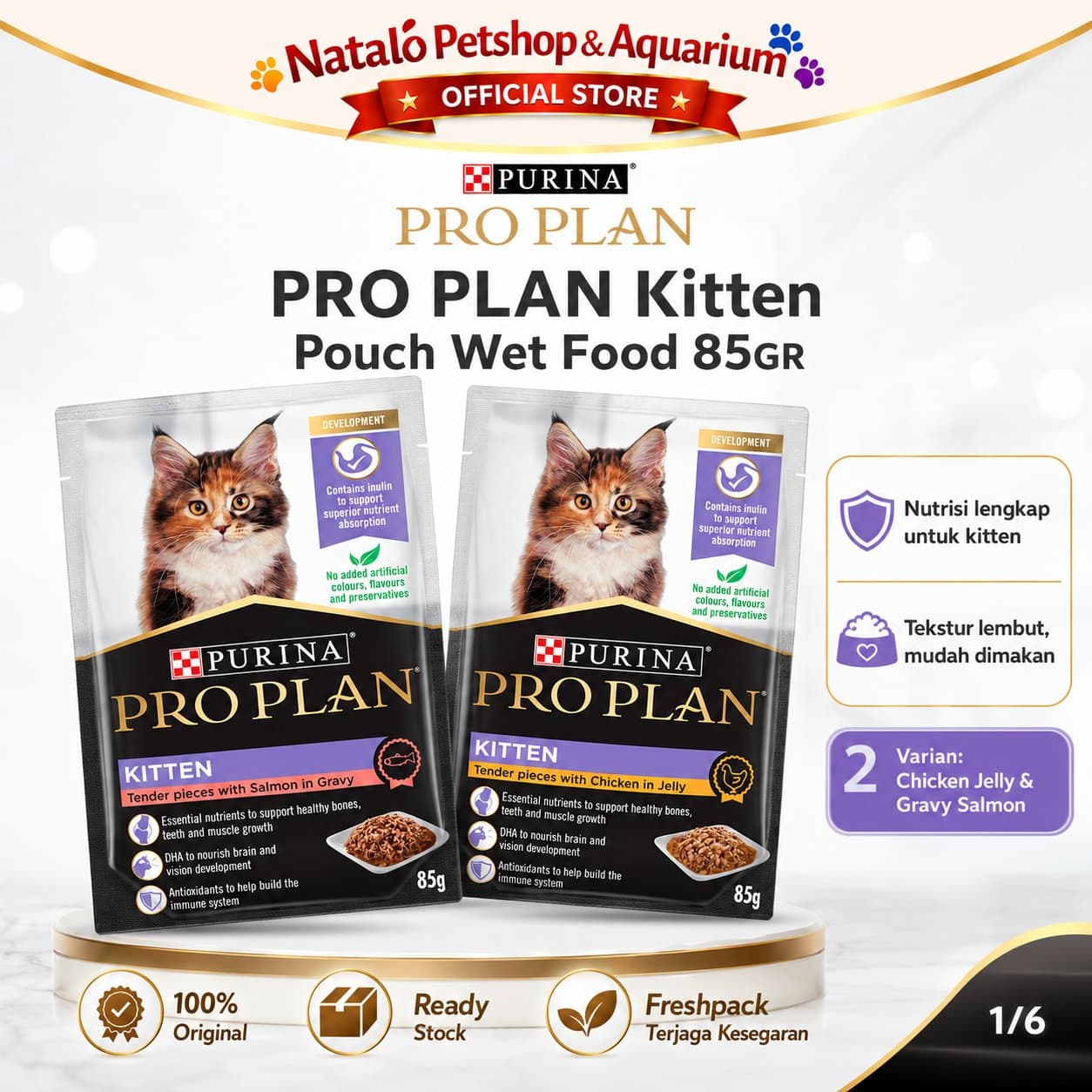 PRO PLAN Kitten Chicken Jelly / Gravy Salmon Pouch Wet Food 85GR - Makanan Basah Saset Anak Kucing 85 GR - gambar 1