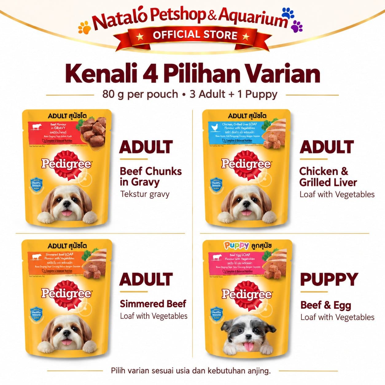 Pedigree 80GR Makanan Anjing Basah Pouch Adult & Puppy | Beef Gravy, Chicken Liver, Beef Loaf, Beef Egg | Wet Dog Food 80 GR - gambar 4