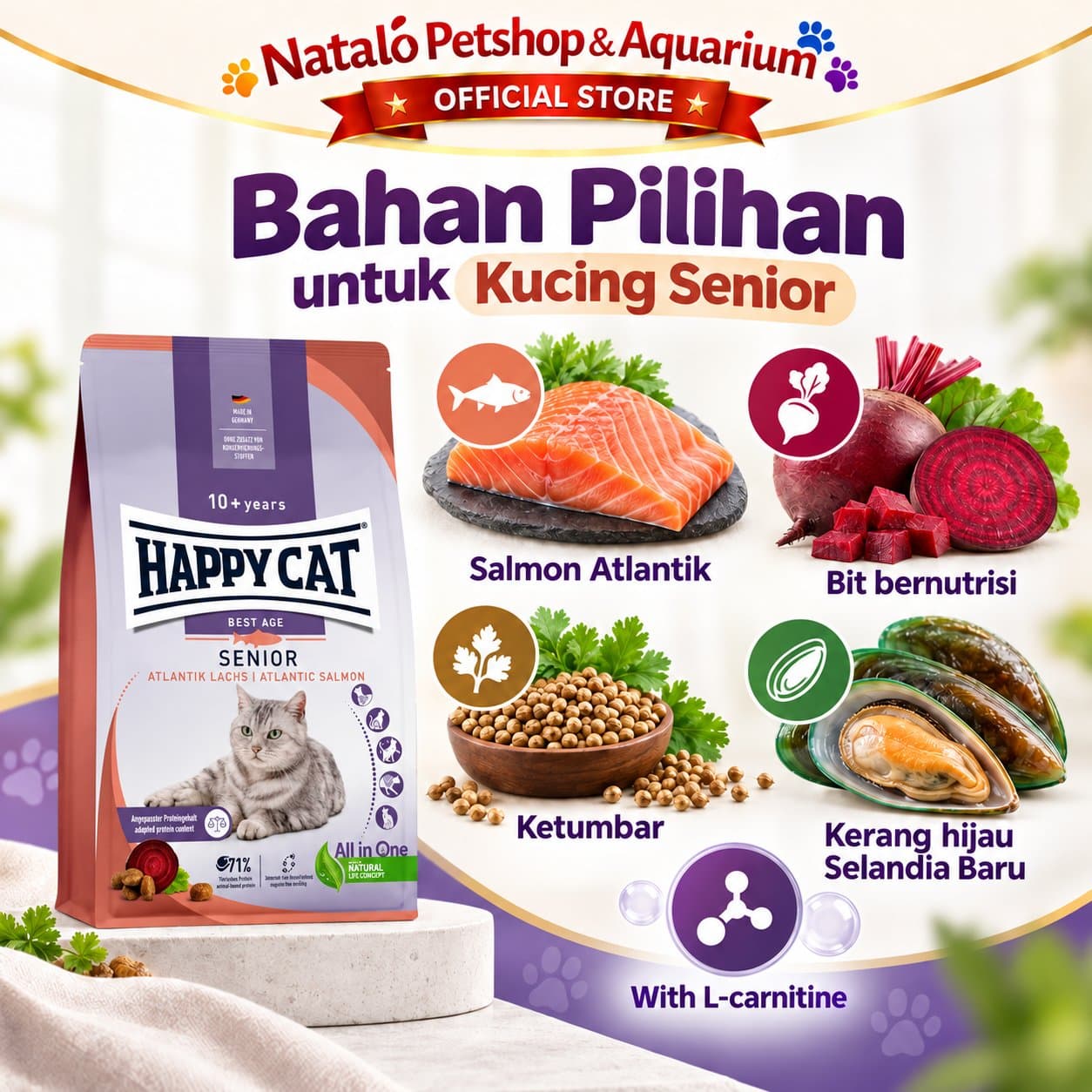 Happy Cat Best Age Senior 10+ Years Atlantic Salmon 1.3KG - Supreme Premium Dry Food 1.3 KG - Makanan Kering Kucing Tua Lansia Berumur Dewasa - gambar 4