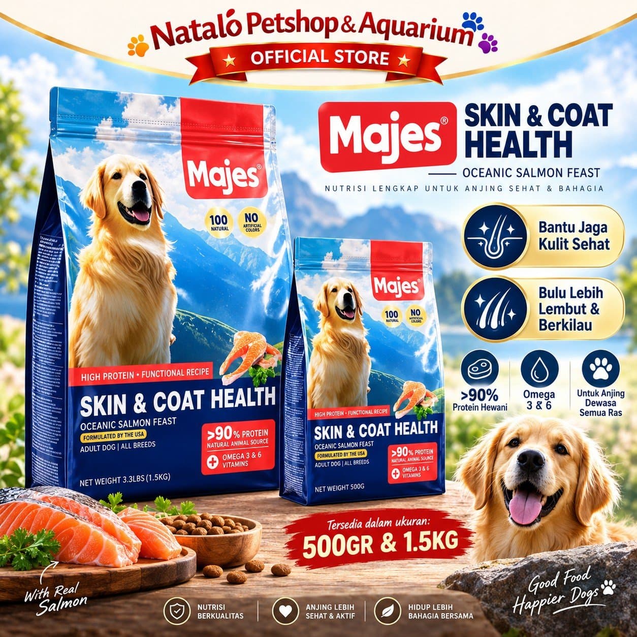 MAJES High Protein Skin & Coat Health Oceanic Salmon Feast Adult Dry Dog Food 500GR / 1.5KG All Breeds - Hair Skin Care - Makanan Kucing Dewasa untuk Kesehatan Bulu dan Kulit 500 GR / 1.5 KG - gambar 1