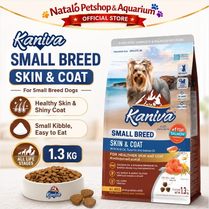 Kaniva Dog Small Breed Skin & Coat 1.3KG Dry Food - All Life Stages - Premium Dry Food / Makanan Anjing Kering Ras Kecil Mini Adult Puppy rasa Salmon Segala Usia Anak Dewasa 1.3 KG