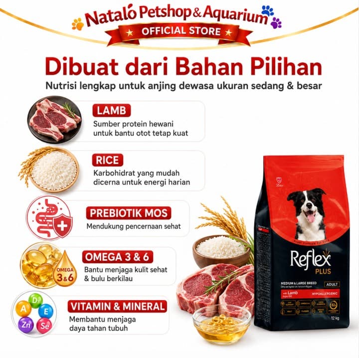 Reflex Plus Medium & Large Breed Adult Lamb & Rice 12KG - Makanan Anjing Dewasa Super Premium 12 KG - gambar 4